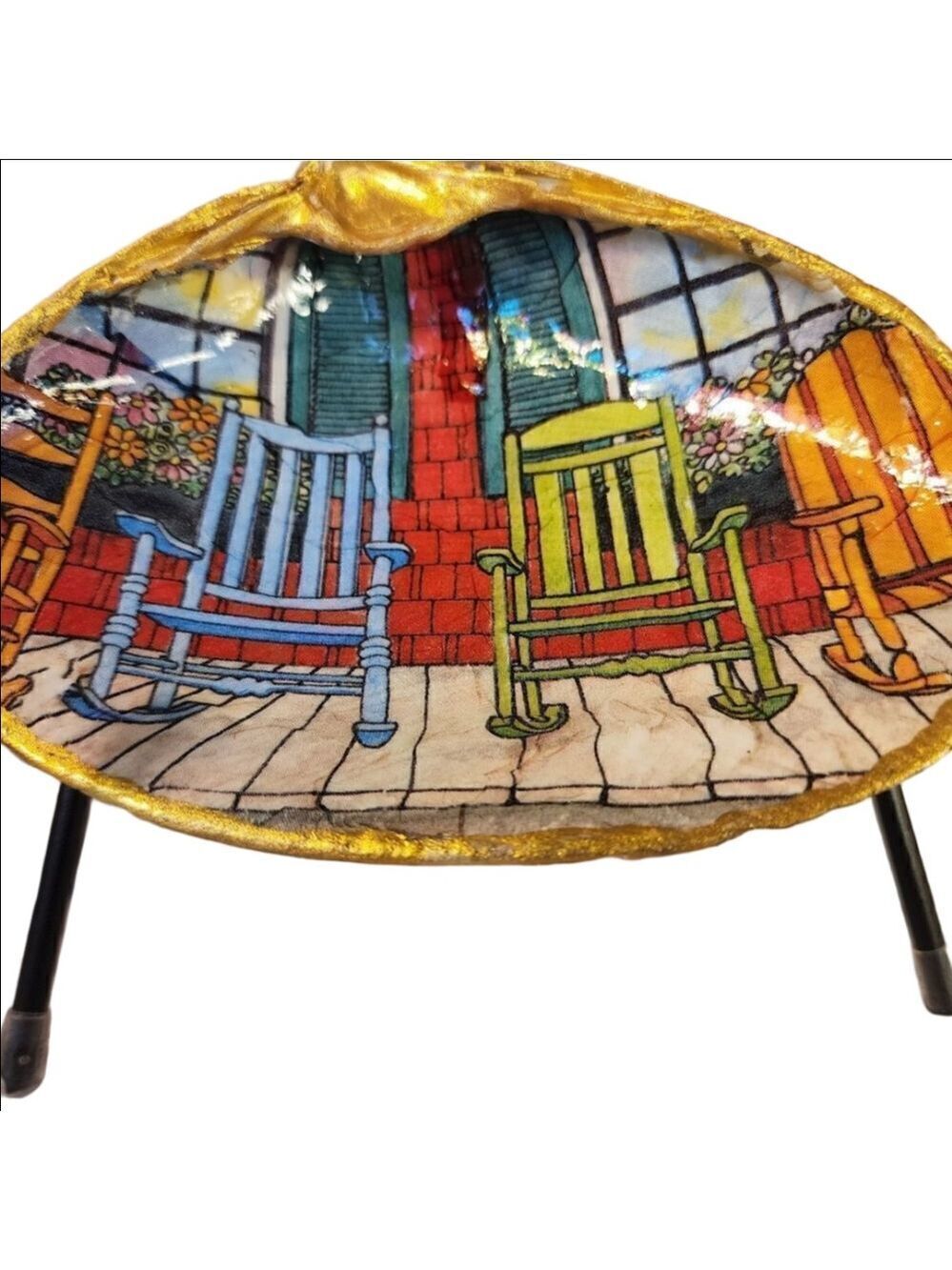DECOUPAGE CLAM SHELL DECOUPAGE ROCKING CHAIRS ON A PORCH TRINKET DISH